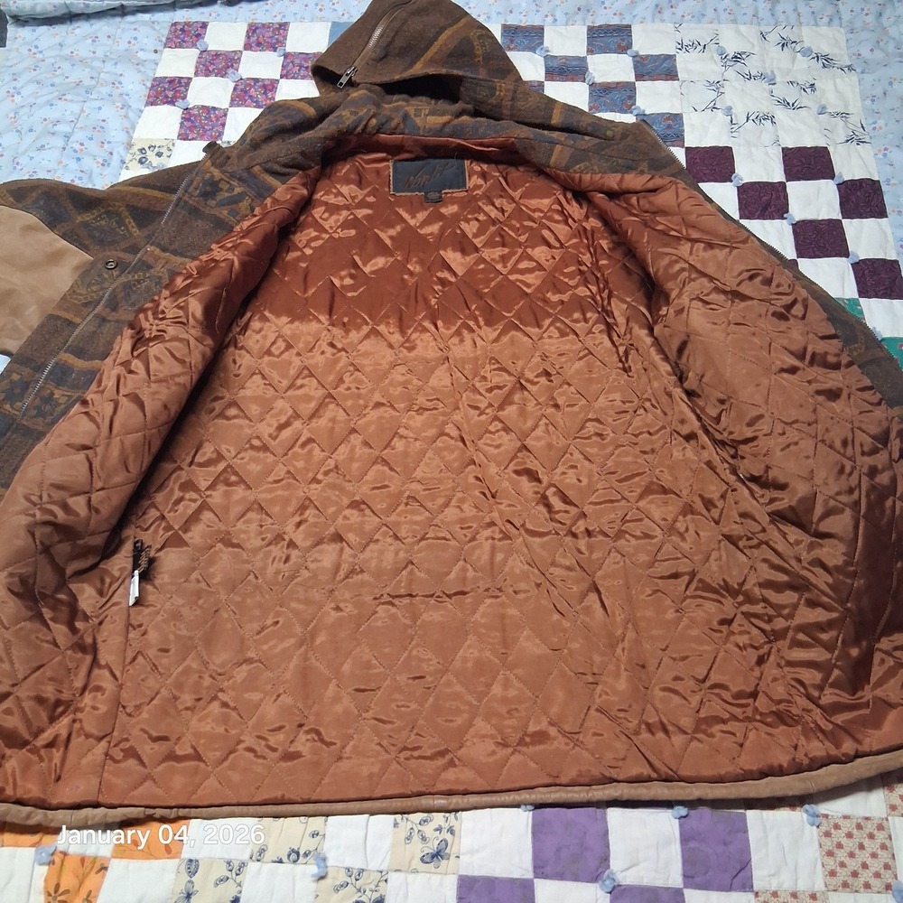 Vintage Winlit Leather & Wool Aztec Southwest Jacket Split Hood Parka Sz Small - Picture 15 of 16